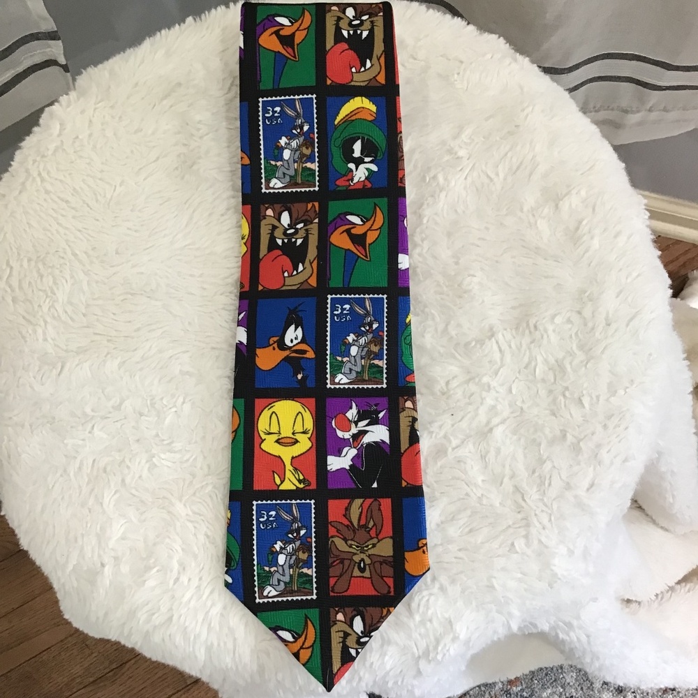 Warner Bros. Men Tie Looney Tunes Stamp Collection Black Multicolor Vintage 90s